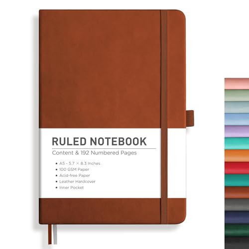 RETTACY Lined Journal Notebook, 192 Numbered Pages, A5 Medium Size (5.7'' x 8.3''), for Men & Women, Journaling, Writing, Work & Office, Leather Hardcover, 100 GSM Thick Paper (Brown) - Image 1
