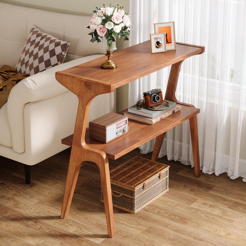 Tribesigns Solid Wood End Table, Modern Side Table for Couch, 2-Tier Narrow Tall End Table, Long Bedside Table for Living Room, Bedroom, Walnut - Image 1