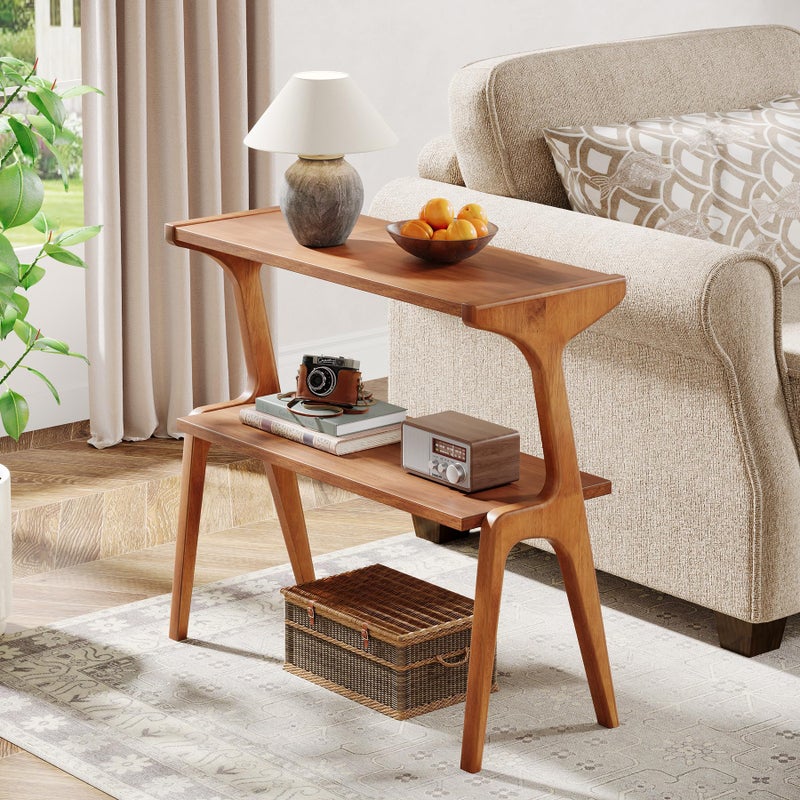 Tribesigns Solid Wood End Table, Modern Side Table for Couch, 2-Tier Narrow Tall End Table, Long Bedside Table for Living Room, Bedroom, Walnut - Image 5