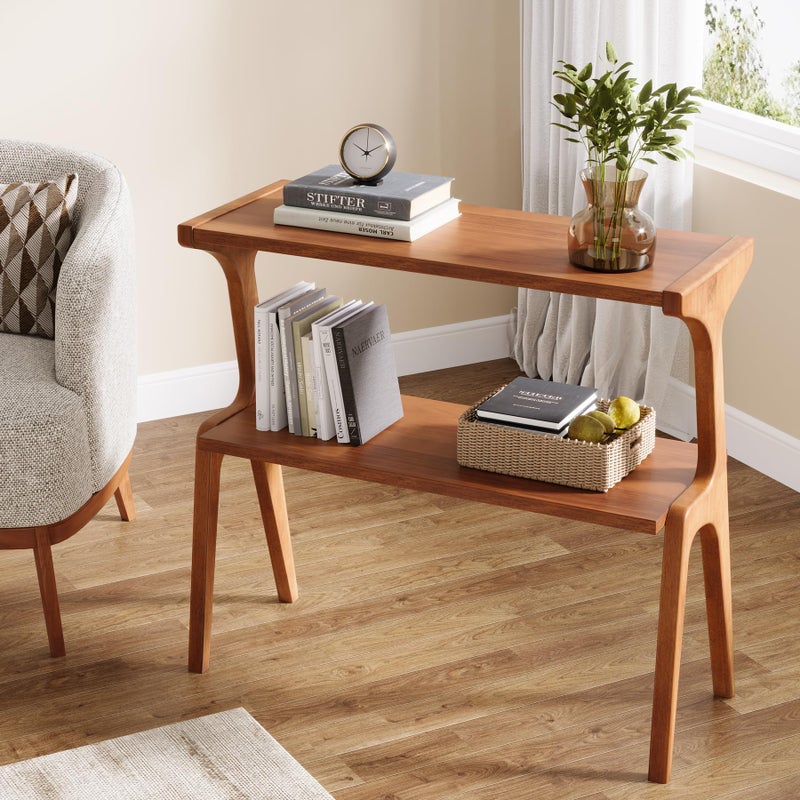 Tribesigns Solid Wood End Table, Modern Side Table for Couch, 2-Tier Narrow Tall End Table, Long Bedside Table for Living Room, Bedroom, Walnut - Image 4