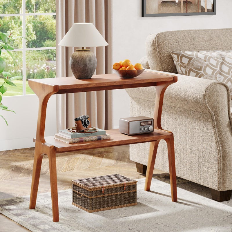 Tribesigns Solid Wood End Table, Modern Side Table for Couch, 2-Tier Narrow Tall End Table, Long Bedside Table for Living Room, Bedroom, Walnut - Image 3