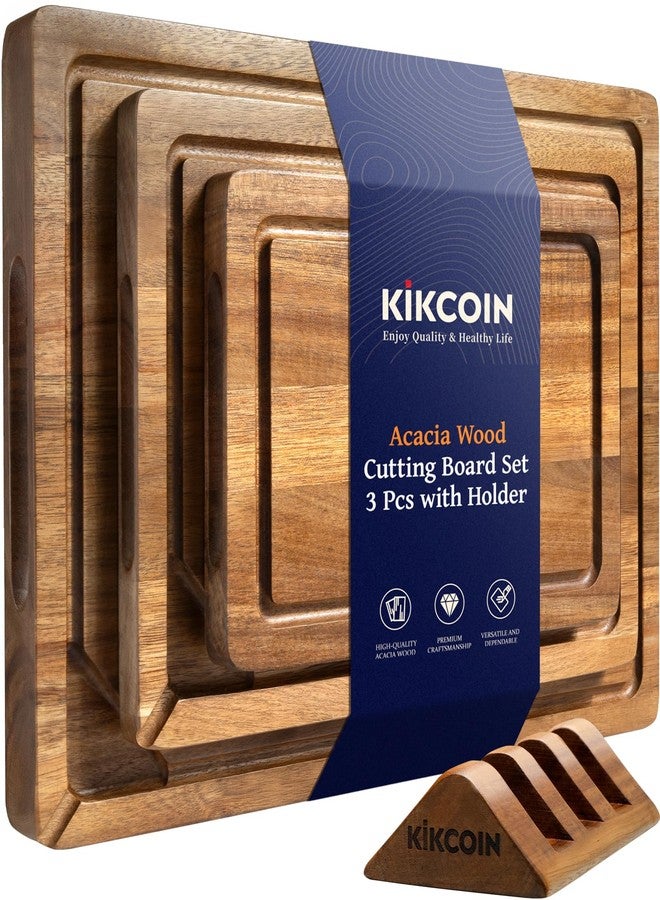Kikcoin ألواح تقطيع خشبية من خشب الأكاسيا من كيكوين للمطبخ، طقم من 3 قطع مع حامل، لوح تقطيع بأقسام ومجرى للعصارة، ألواح تقديم متينة، صينية تقديم خشبية، لوح جزار - Image 1