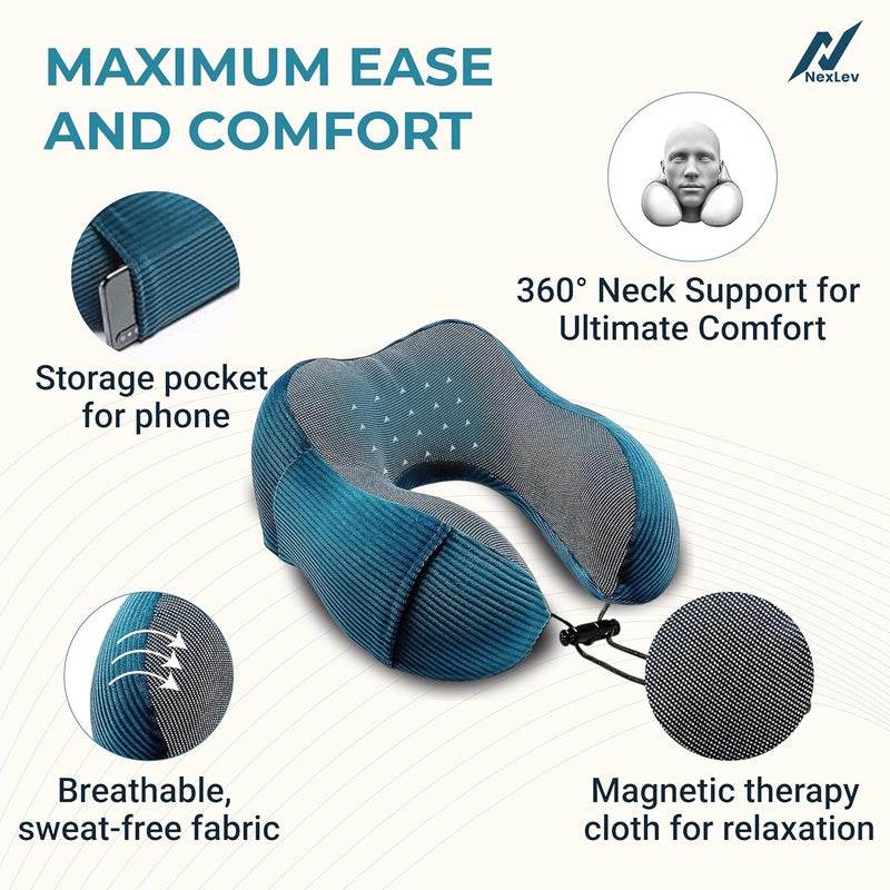 nexlev nexlev Travel Pillow 100 Pure Memory Foam Comfortable Breathable Cover Machine Washable Carry Pouch for Storage 360degree Support and Curve Design Airplane Car Home Use Blue NP01  - Image 3
