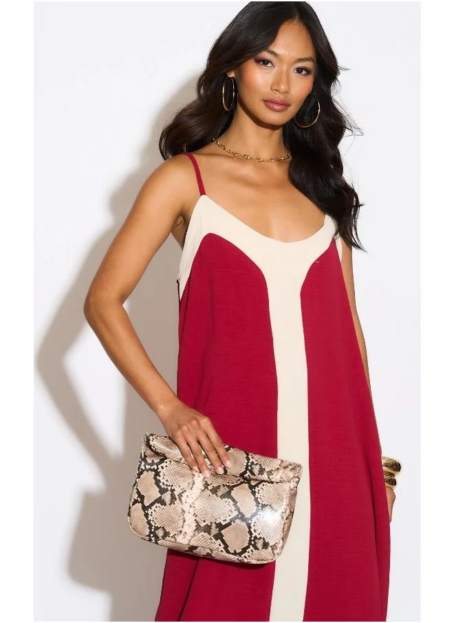 Hoxton Gal Burgundy & Beige Colorblock Cami Midi Dress – Relaxed Fit