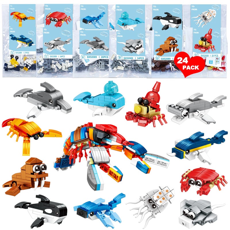 JZILU 24 Packs Valentines Day Gifts for Kids with Sea Animal Building Blocks Valentines Day Cards for Kids School Exchange Bulk Valentines Toys for Boy Girls Classroom - Image 3
