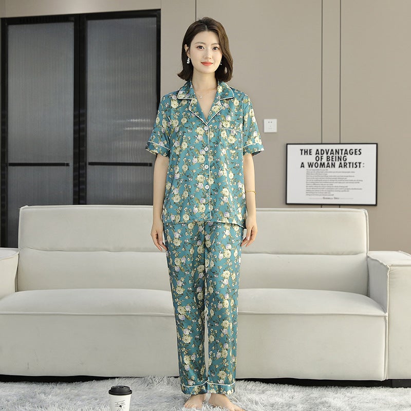 Pajamas, Ice Silk Women''s Summer High-End Short-Sleeved Trousers Set, Cardigan, Imitation Silk, Can Be Worn Outside, Plus Size Home Clothes - Image 1