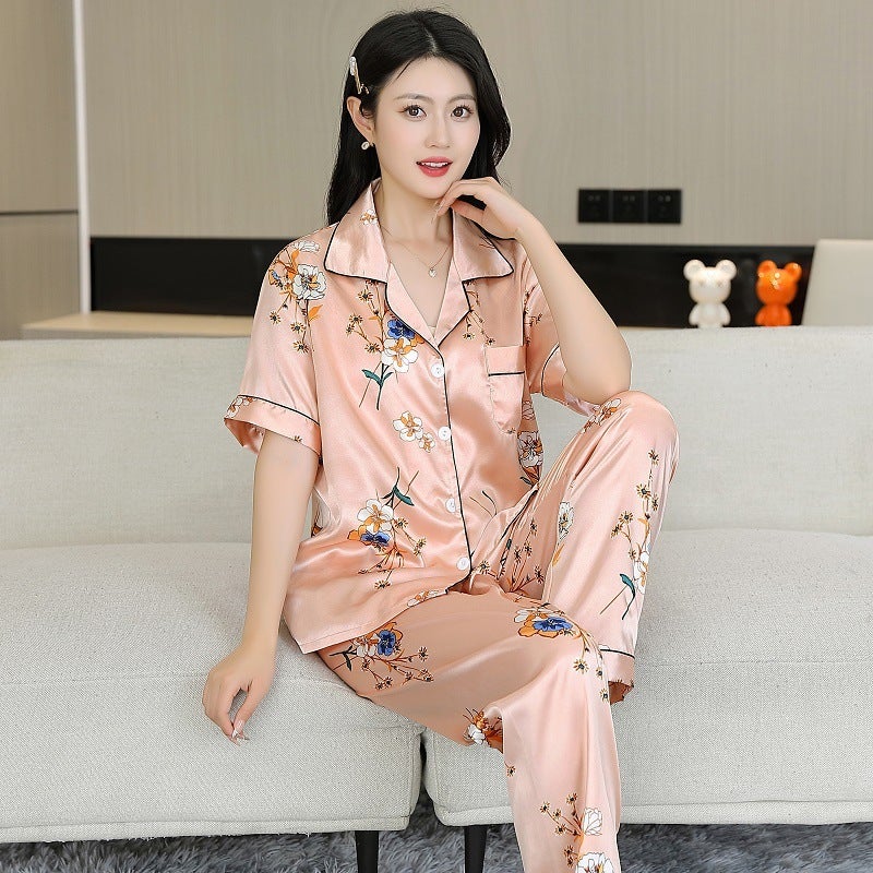Pajamas, Ice Silk Women''s Summer High-End Short-Sleeved Trousers Set, Cardigan, Imitation Silk, Can Be Worn Outside, Plus Size Home Clothes - Image 3