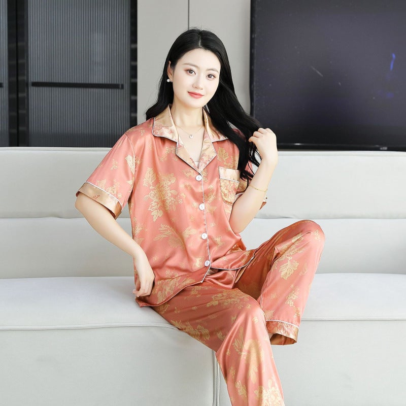 Pajamas, Ice Silk Women''s Summer High-End Short-Sleeved Trousers Set, Cardigan, Imitation Silk, Can Be Worn Outside, Plus Size Home Clothes - Image 5