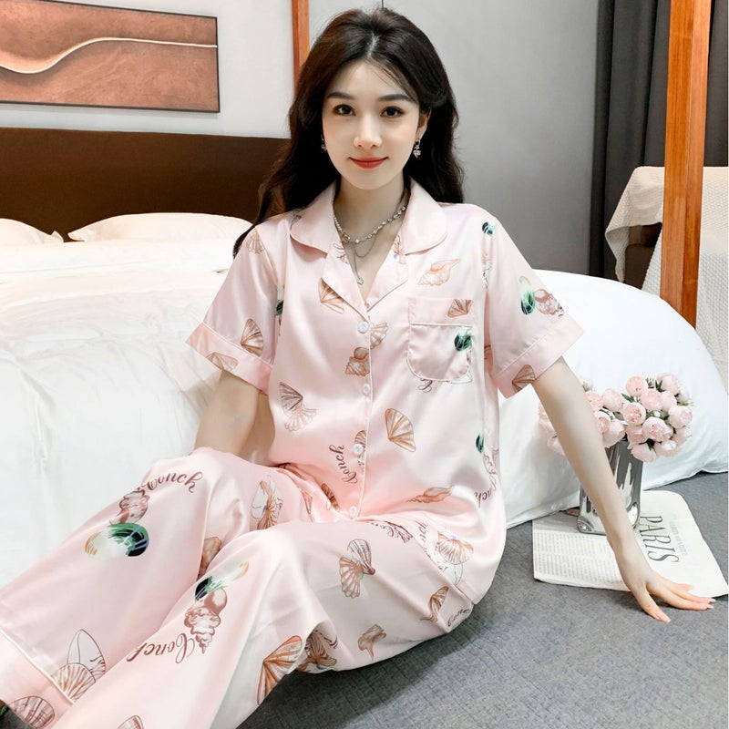 Pajamas, Ice Silk Women''s Summer High-End Short-Sleeved Trousers Set, Cardigan, Imitation Silk, Can Be Worn Outside, Plus Size Home Clothes - Image 4
