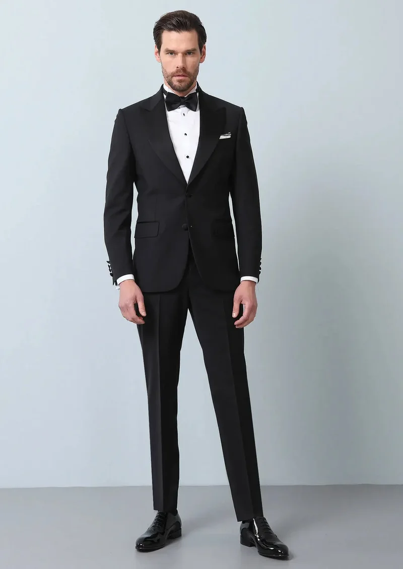 RAMSEY Black Plain Thin&Taller Slim Fit Double Breasted Collar Weaving Tuxedo