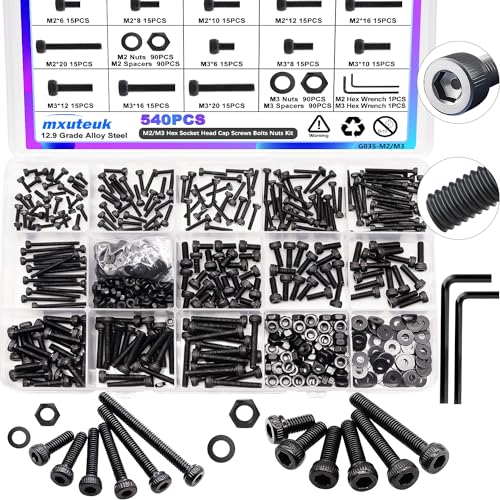 mxuteuk 540PCS M2 M3 Metric Screws Assortment Set Suitable for 3D Printer DIY,Hex Socket Head Cap Screws Bolts Nuts Kit,12.9 Grade Alloy Steel Black Zinc Plated Assorted Screws with Hex Wrench - Image 1