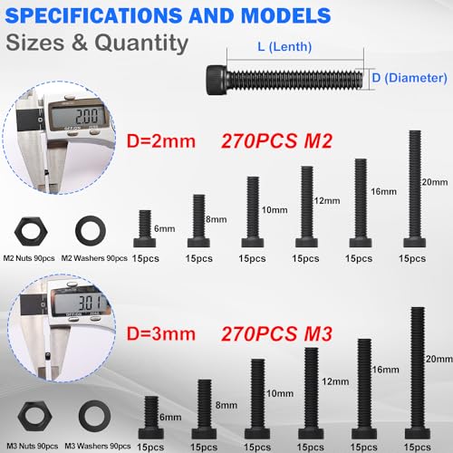mxuteuk 540PCS M2 M3 Metric Screws Assortment Set Suitable for 3D Printer DIY,Hex Socket Head Cap Screws Bolts Nuts Kit,12.9 Grade Alloy Steel Black Zinc Plated Assorted Screws with Hex Wrench - Image 2