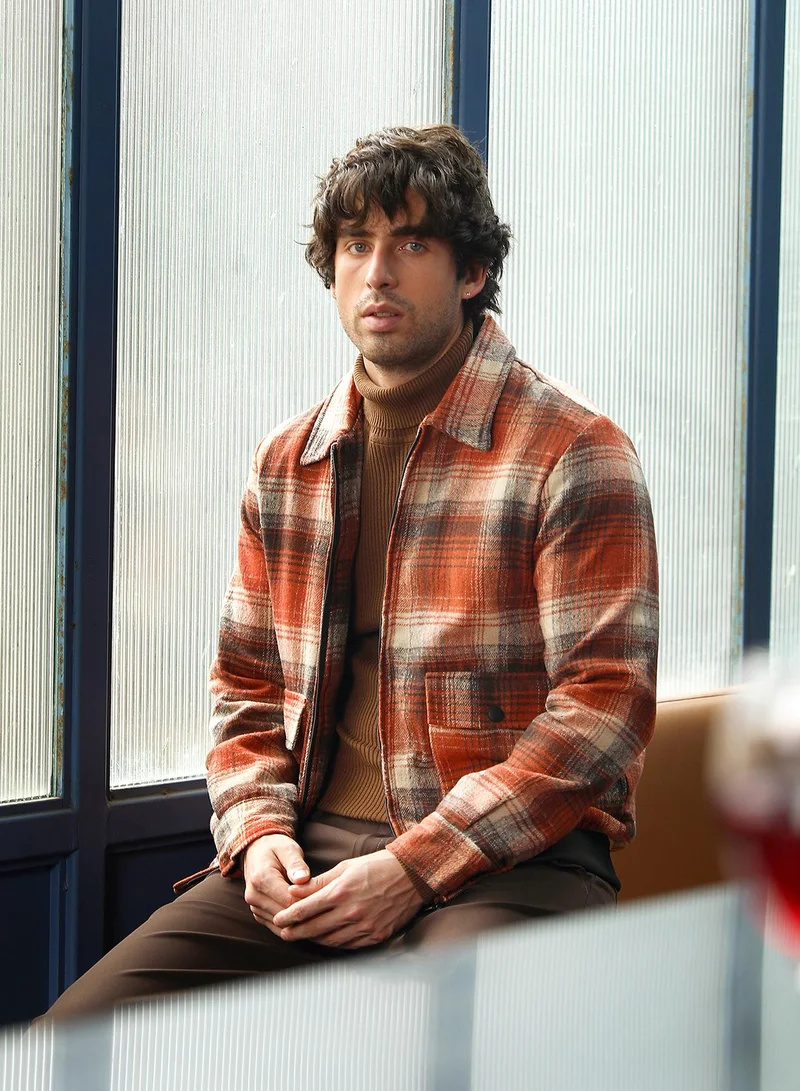 Men Zip-Front Plaid Jacket | Point Collar, Long Button Cuff Sleeves | Zipper , Ribbed-Straight Hem | Plaid Brushed | Woven Fabric For Casual & Daily Wear | Burnt Sienna