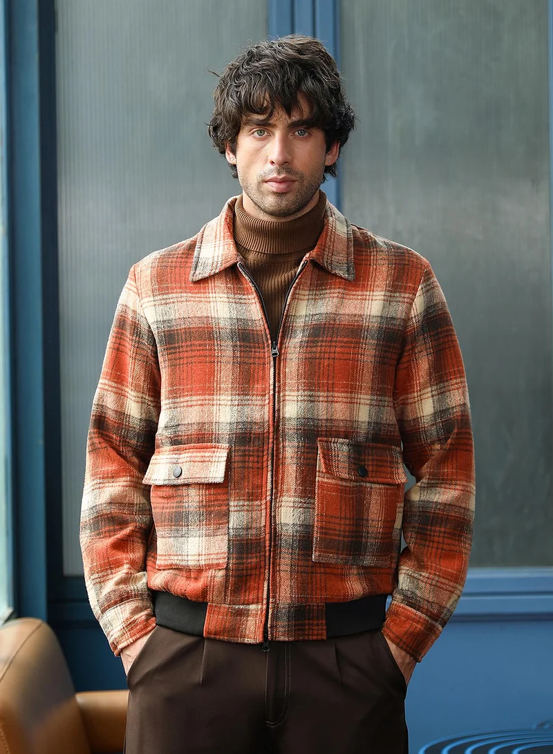 Campus Sutra Men Zip-Front Plaid Jacket | Point Collar, Long Button Cuff Sleeves | Zipper , Ribbed-Straight Hem | Plaid Brushed | Woven Fabric For Casual & Daily Wear | Burnt Sienna