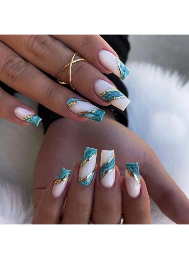 Goolsky أظافر ضغط مربعة طويلة فاخرة بتدرج أزرق وأبيض وخطوط ذهبية لسحر أنيق - Image 1