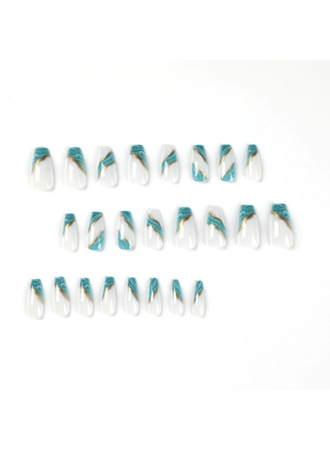 Goolsky أظافر ضغط مربعة طويلة فاخرة بتدرج أزرق وأبيض وخطوط ذهبية لسحر أنيق - Image 5