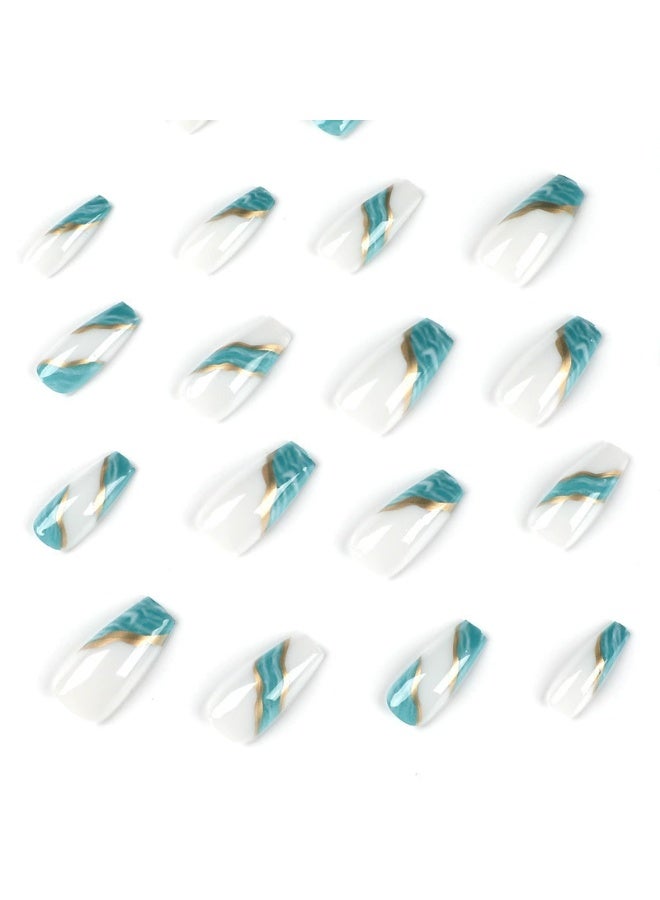 Goolsky أظافر ضغط مربعة طويلة فاخرة بتدرج أزرق وأبيض وخطوط ذهبية لسحر أنيق - Image 3