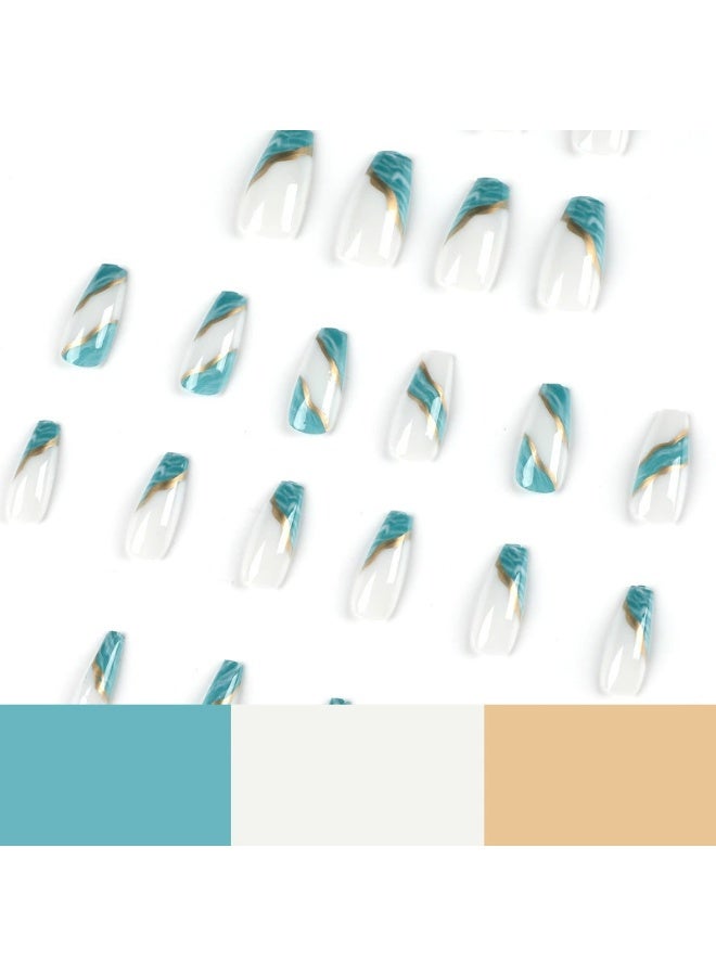 Goolsky أظافر ضغط مربعة طويلة فاخرة بتدرج أزرق وأبيض وخطوط ذهبية لسحر أنيق - Image 4