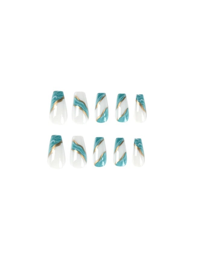 Goolsky أظافر ضغط مربعة طويلة فاخرة بتدرج أزرق وأبيض وخطوط ذهبية لسحر أنيق - Image 2