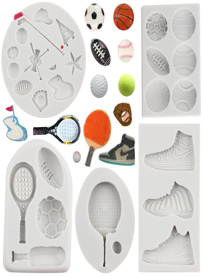 MYPRACS Ball Silicone Molds Football Baseball Basketball Rugby Tennis Fondant Mold Sneakers Sports Shoe Mold For Cake Decorating Cupcake Topper Candy Chocolate Gum Paste Polymer Clay Set Of 5 - Image 1