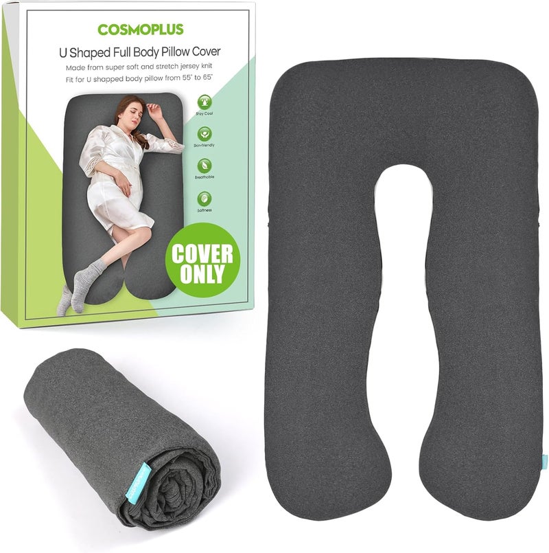 كوزمو بلس غطاء وسادة الحمل COSMOPLUS على شكل حرف U، غطاء وسادة كامل الجسم للحمل، قماش جيرسي قابل للتنفس وبارد ومطاط، يوفر النوم والدعم أثناء الحمل، رمادي هيذر - Image 1