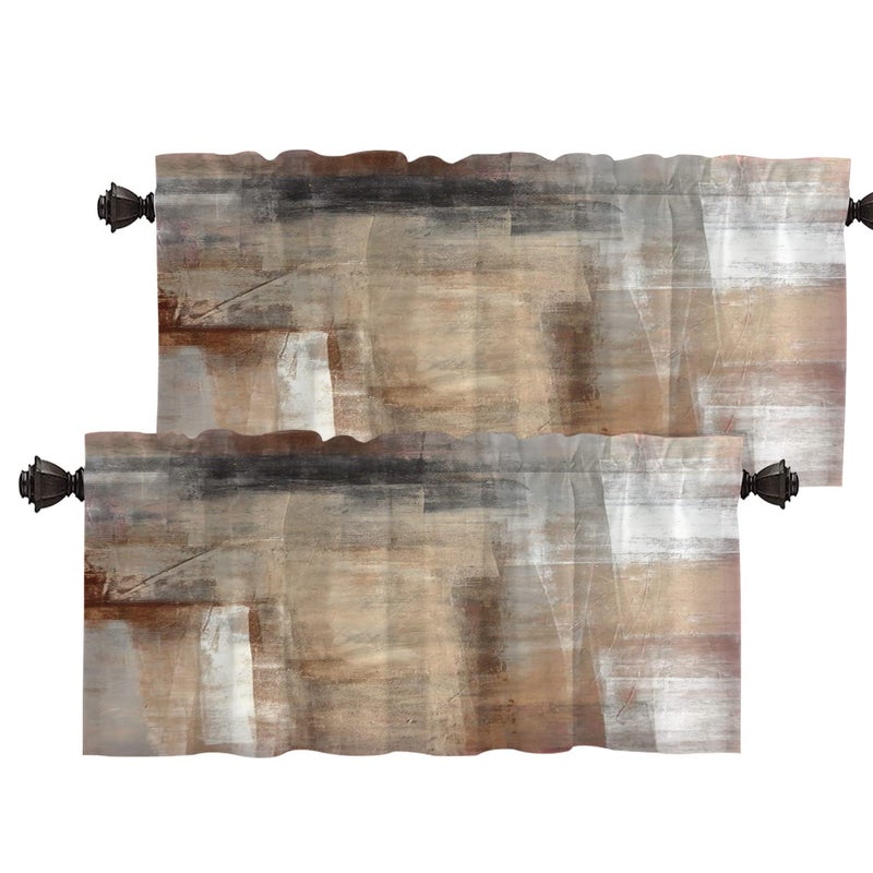 Batmerry Brown Beige Abstract Art Kitchen Valances Half Window Curtain Brown Art Abstract Acrylic Painting Kitchen Valances for Windows Heat Insulated Valance for Decor Reducing The Light 52x18 Inch
