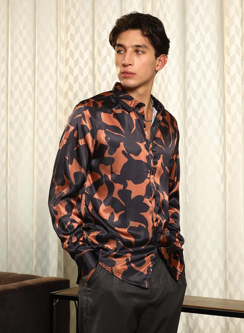 Campus Sutra Campus Sutra Men's Sienna Brown:Prussian Blue Botanical Imprint Shirt | Slim Fit Long Sleeve Point Collar Abstract Pattern | Premium Satin Woven Fabric For Club & Casual Wear - Image 3