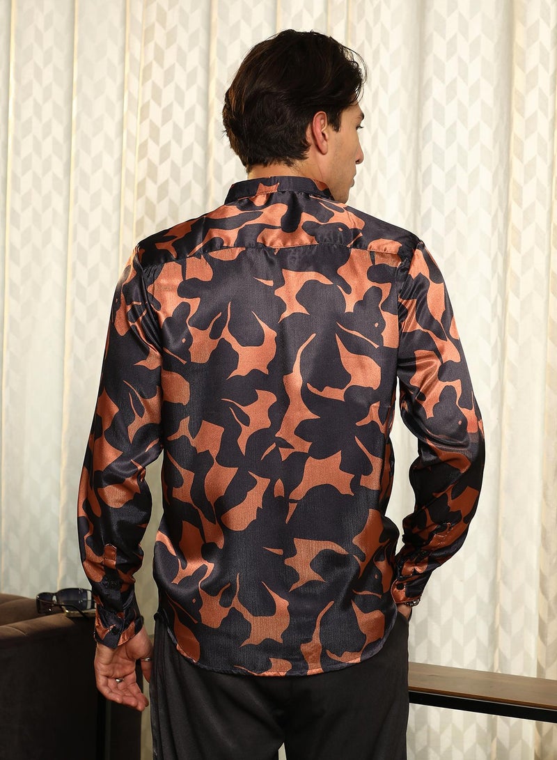 Campus Sutra Campus Sutra Men's Sienna Brown:Prussian Blue Botanical Imprint Shirt | Slim Fit Long Sleeve Point Collar Abstract Pattern | Premium Satin Woven Fabric For Club & Casual Wear - Image 5