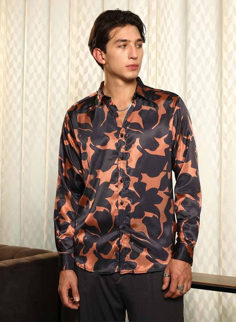 كامبوس سوترا Campus Sutra Men's Sienna Brown:Prussian Blue Botanical Imprint Shirt | Slim Fit Long Sleeve Point Collar Abstract Pattern | Premium Satin Woven Fabric For Club & Casual Wear