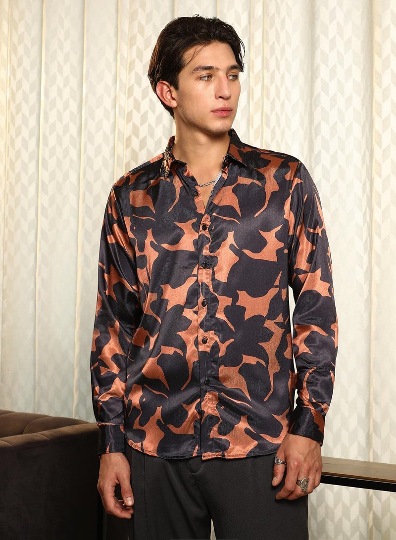 Campus Sutra Campus Sutra Men's Sienna Brown:Prussian Blue Botanical Imprint Shirt | Slim Fit Long Sleeve Point Collar Abstract Pattern | Premium Satin Woven Fabric For Club & Casual Wear - Image 2