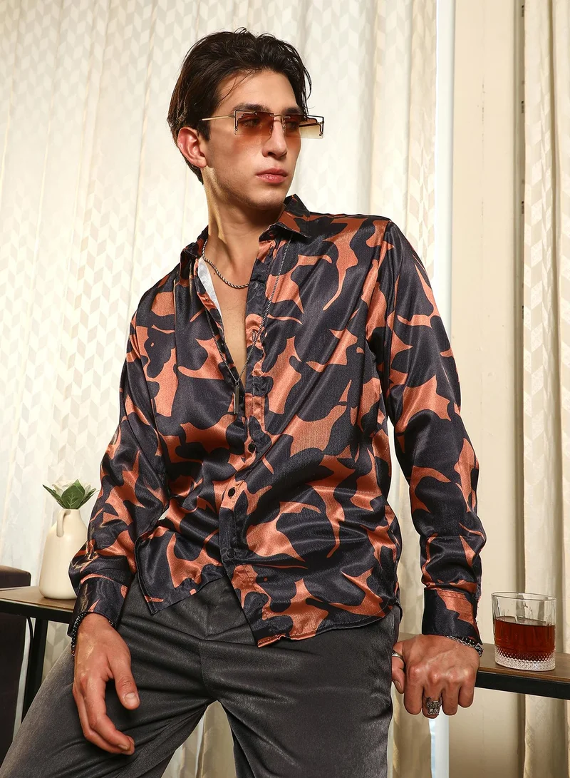 كامبوس سوترا Campus Sutra Men's Sienna Brown:Prussian Blue Botanical Imprint Shirt | Slim Fit Long Sleeve Point Collar Abstract Pattern | Premium Satin Woven Fabric For Club & Casual Wear