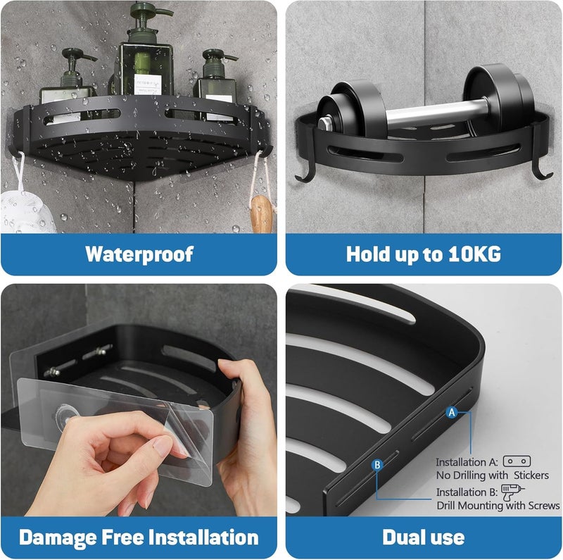 COOFANDY 1 Piece Bathroom Corner Shelves, Shower Caddy Corner, No Drilling Shower Organiser, Accessory Storage Shower Shelf Adhesive Rustproof Space Aluminum Wall Mounted with Hooks, Black - Image 5
