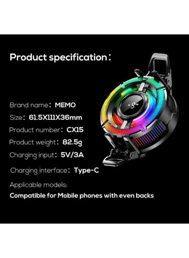 ميمو مبرد الهاتف المحمول CX15 RGB مزود بمروحة تبريد شبه موصلة، ونظام تحكم ذكي بدرجة حرارة الهاتف، وشاشة عرض رقمية، ومشبك مغناطيسي، وكابل سريع من النوع C، لتبديد حرارة سريع لأجهزة أندرويد وآيفون المخصصة للألعاب والبث المباشر والأجهزة المحمولة. - Image 4
