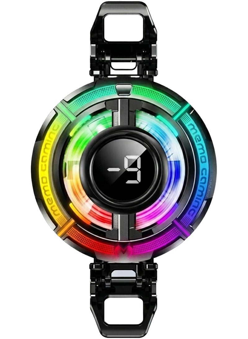 ميمو مبرد الهاتف المحمول CX15 RGB مزود بمروحة تبريد شبه موصلة، ونظام تحكم ذكي بدرجة حرارة الهاتف، وشاشة عرض رقمية، ومشبك مغناطيسي، وكابل سريع من النوع C، لتبديد حرارة سريع لأجهزة أندرويد وآيفون المخصصة للألعاب والبث المباشر والأجهزة المحمولة. - Image 1