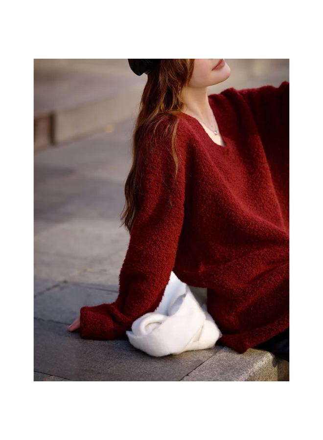 Mt 【soft Warm 100% Wool】winter Lazy Style V-neck Textured Loose Knit Sweater For Women - Image 2