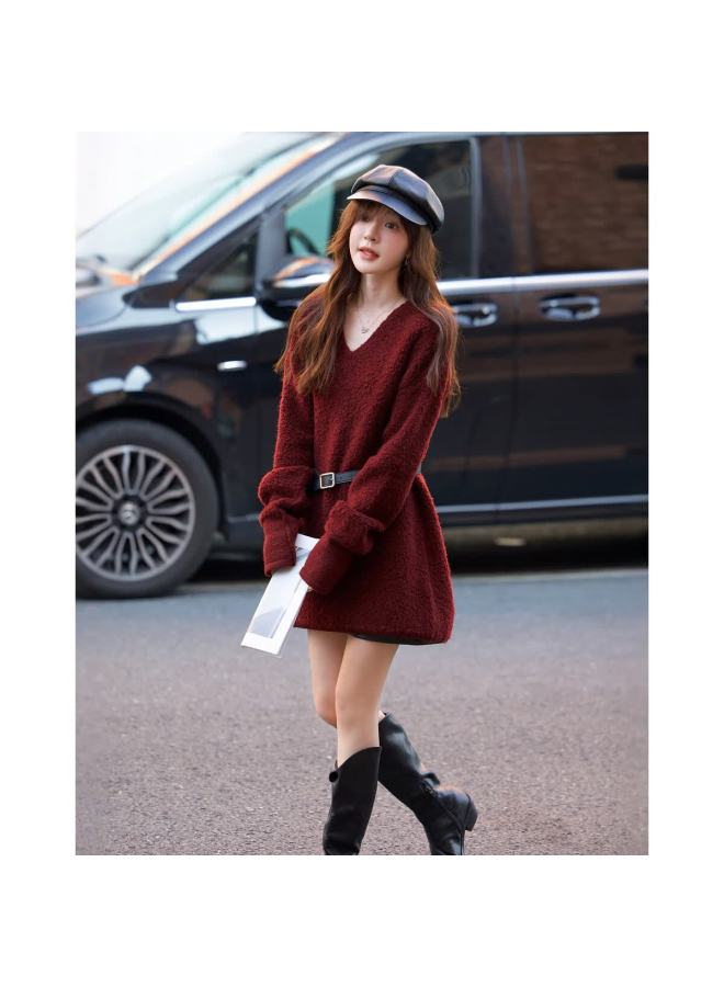 Mt 【soft Warm 100% Wool】winter Lazy Style V-neck Textured Loose Knit Sweater For Women - Image 3