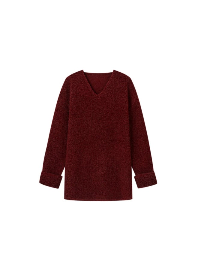 Mt 【soft Warm 100% Wool】winter Lazy Style V-neck Textured Loose Knit Sweater For Women - Image 5