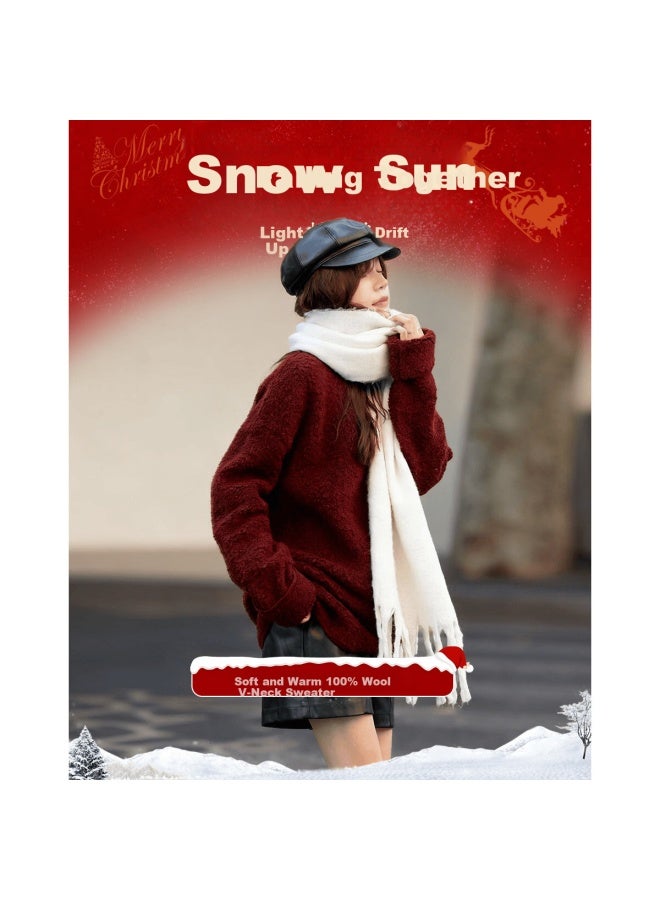 Mt 【soft Warm 100% Wool】winter Lazy Style V-neck Textured Loose Knit Sweater For Women - Image 1