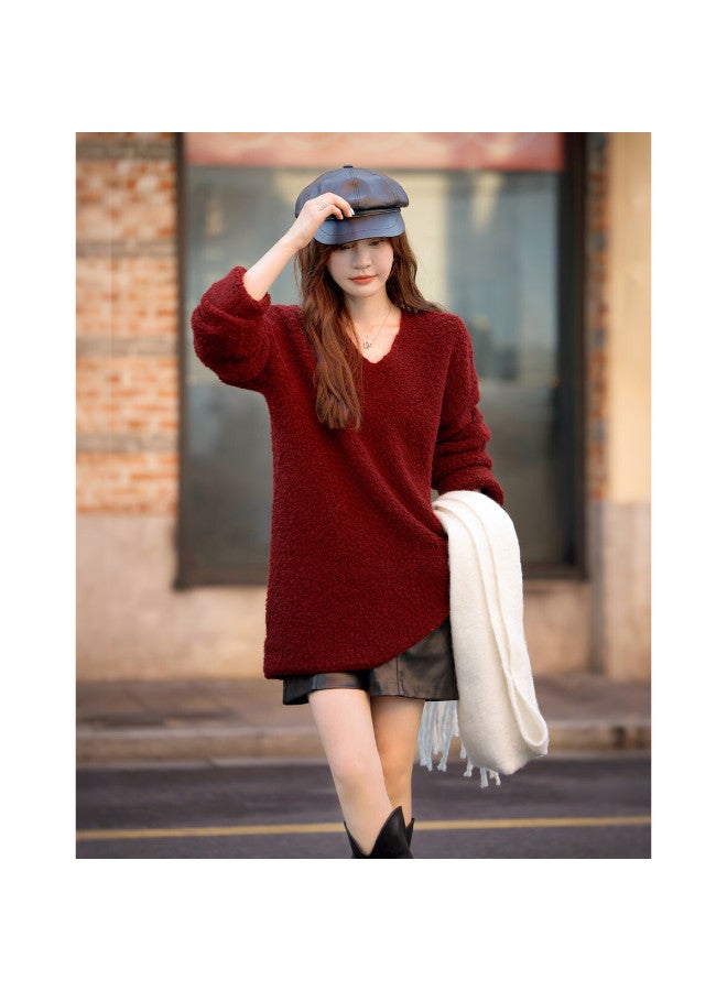 Mt 【soft Warm 100% Wool】winter Lazy Style V-neck Textured Loose Knit Sweater For Women - Image 4