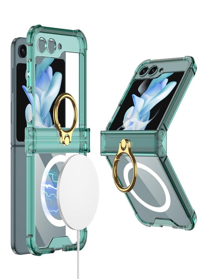 أوميو جراب Omio شفاف لهاتف Galaxy Z Flip 6 مع حماية للمفصل وحلقة تثبيت، متوافق مع MagSafe، جراب حماية مغناطيسي رفيع، غطاء TPU ناعم مقاوم للصدمات مع مسند، مناسب للنساء والفتيات، أخضر - Image 1