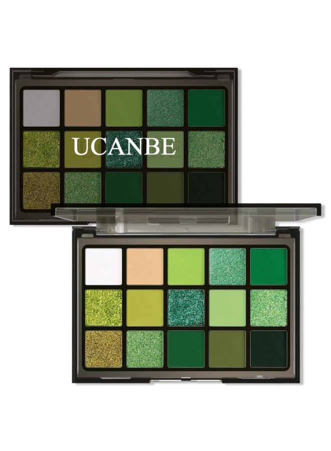 Ucanbe Green Eyeshadow Makeup Palette, 15 Colors Bright Dark Green Shimmer Matte Metallic Glitter Eye Shadow, Forest Emerald Lime Pallet Kit for Cosplay Parties Christmas Halloween SFX - Image 1