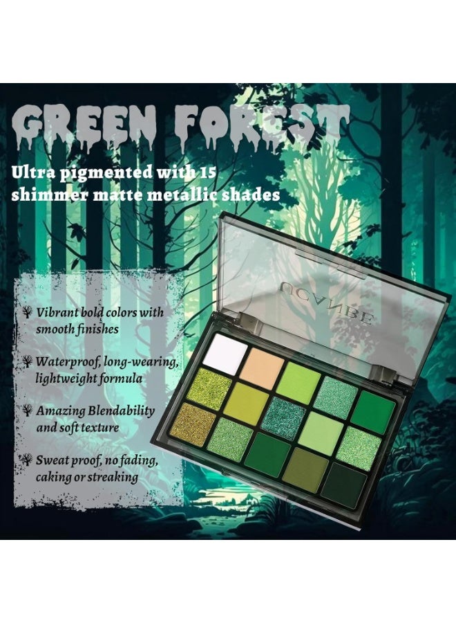 Ucanbe Green Eyeshadow Makeup Palette, 15 Colors Bright Dark Green Shimmer Matte Metallic Glitter Eye Shadow, Forest Emerald Lime Pallet Kit for Cosplay Parties Christmas Halloween SFX - Image 2