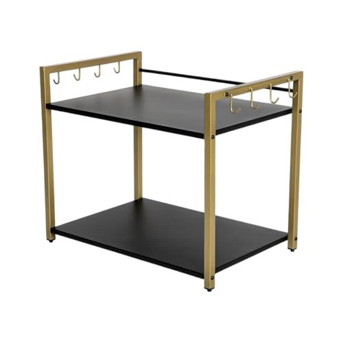 DECOWORLD Premium Metal Microwave Stand,Microwave & OTG Tiered Shelf Stand For Kitchen Tabletop, Floor Standing Counter,Double Platform For Extra Storage With Hooks,Kitchen Oven Rack (Black & Golden) - Image 2