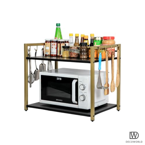DECOWORLD Premium Metal Microwave Stand,Microwave & OTG Tiered Shelf Stand For Kitchen Tabletop, Floor Standing Counter,Double Platform For Extra Storage With Hooks,Kitchen Oven Rack (Black & Golden) - Image 5