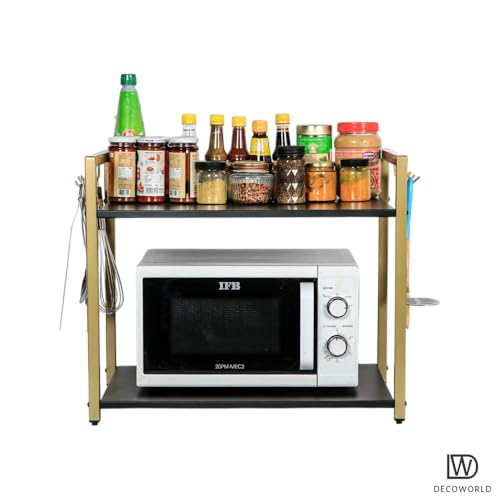 DECOWORLD Premium Metal Microwave Stand,Microwave & OTG Tiered Shelf Stand For Kitchen Tabletop, Floor Standing Counter,Double Platform For Extra Storage With Hooks,Kitchen Oven Rack (Black & Golden) - Image 3