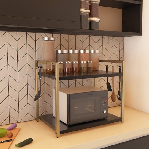 DECOWORLD Premium Metal Microwave Stand,Microwave & OTG Tiered Shelf Stand For Kitchen Tabletop, Floor Standing Counter,Double Platform For Extra Storage With Hooks,Kitchen Oven Rack (Black & Golden) - Image 1
