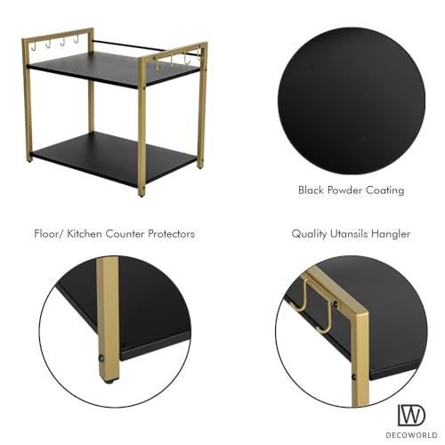DECOWORLD Premium Metal Microwave Stand,Microwave & OTG Tiered Shelf Stand For Kitchen Tabletop, Floor Standing Counter,Double Platform For Extra Storage With Hooks,Kitchen Oven Rack (Black & Golden) - Image 4