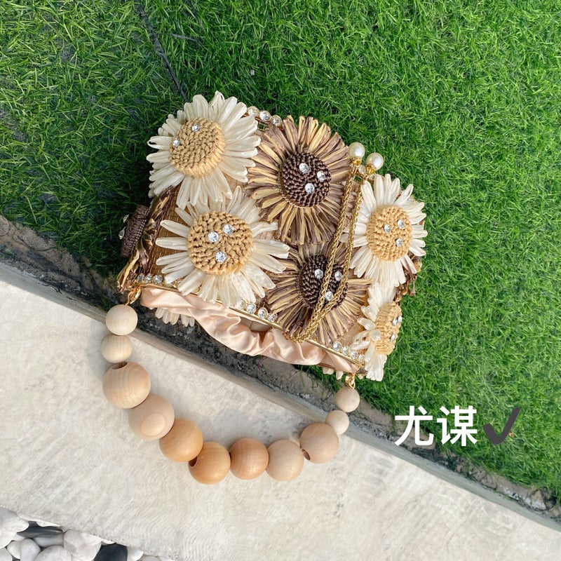 Sweet Sun Flower Bird Cage Hand-Woven Shiny Rhinestone Beaded Chain Vegetable Basket Bucket Handbag - Image 4