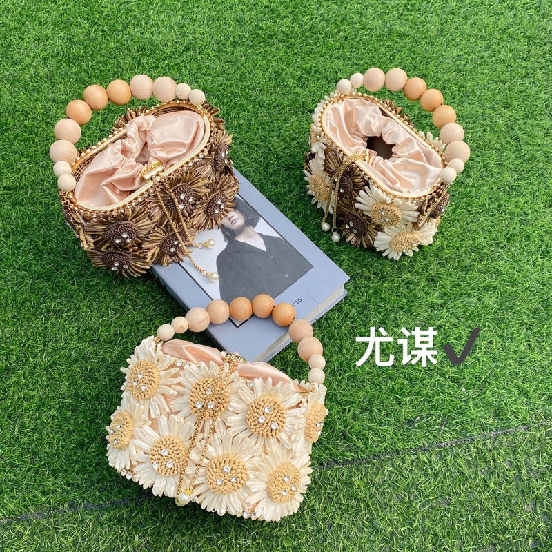 Sweet Sun Flower Bird Cage Hand-Woven Shiny Rhinestone Beaded Chain Vegetable Basket Bucket Handbag - Image 5