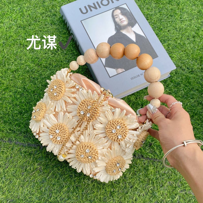 Sweet Sun Flower Bird Cage Hand-Woven Shiny Rhinestone Beaded Chain Vegetable Basket Bucket Handbag - Image 2